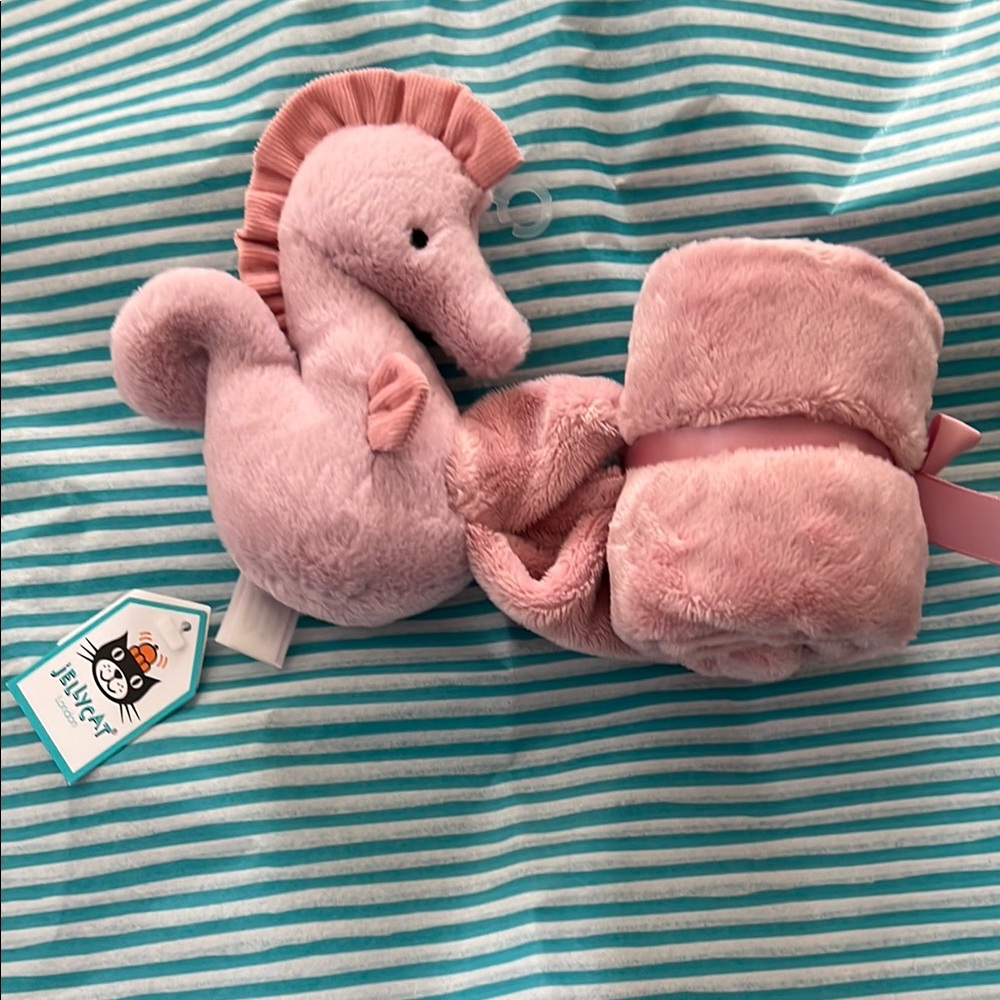 Jellycat Pink Seahorse Plush Toy and Blanket Set